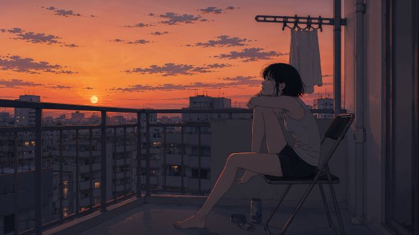 ベランダから都会を眺め夕焼けに包まれる女性のイラスト no.3