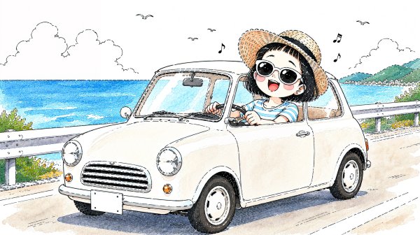 海沿いの道をドライブする楽しそうな女性のかわいいイラスト no.1