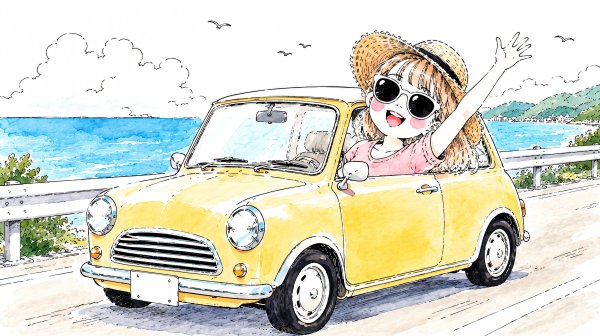 海沿いの道をドライブする楽しそうな女性のかわいいイラスト no.2