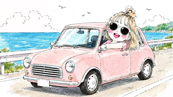 海沿いの道をドライブする楽しそうな女性のかわいいイラスト no.3