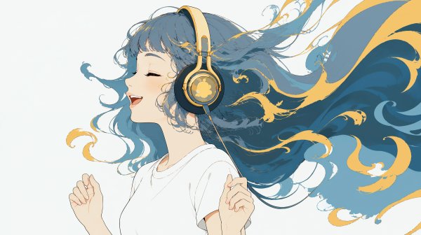 ヘッドホンをした青いロングヘアの若い女性　no.1