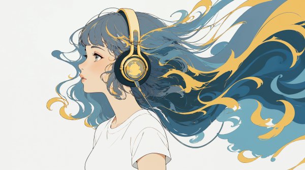 ヘッドホンをした青いロングヘアの若い女性　no.3