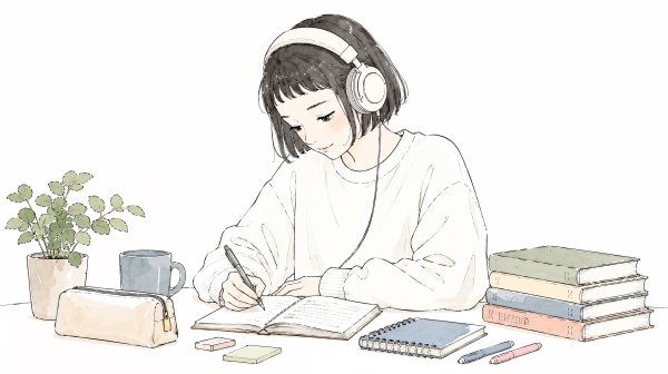 机に向かって書き物をするヘッドホンの女性 no.2