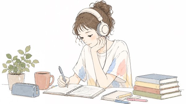机に向かって書き物をするヘッドホンの女性 no.3