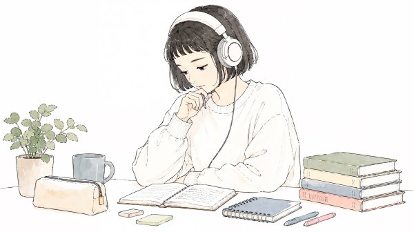 机に向かって書き物をするヘッドホンの女性 no.4