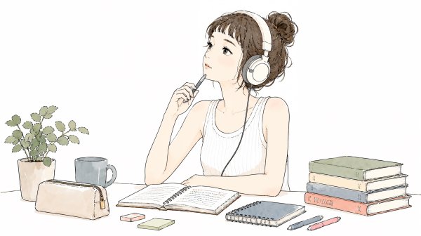 机に向かって書き物をするヘッドホンの女性 no.6