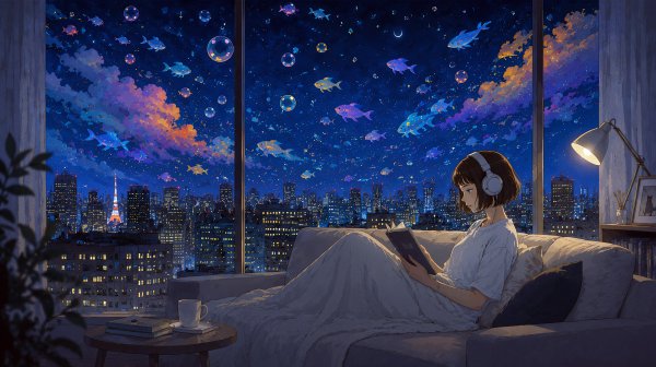 ソファーで本を読む女性と、幻想的な都会の夜景 no.1