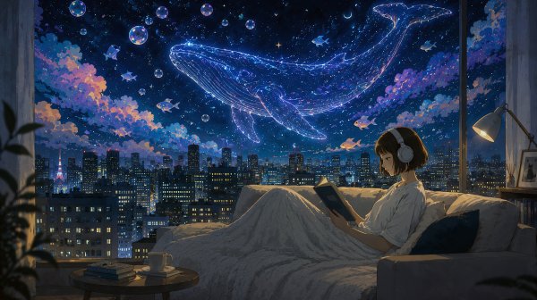 ソファーで本を読む女性と、幻想的な都会の夜景 no.2
