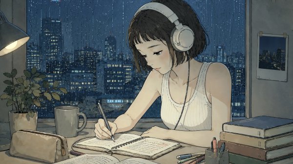 ヘッドホンをして雨の夜景が見える机で書き物をする女性