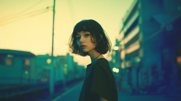 街中で振り返る若い女性のポートレート no.1