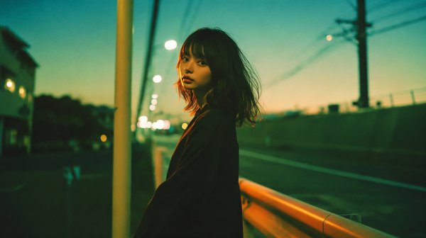 街中で振り返る若い女性のポートレート no.12