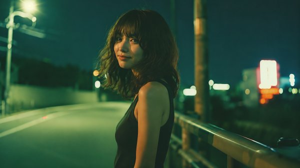 街中で振り返る若い女性のポートレート no.14