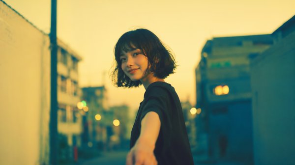 街中で振り返る若い女性のポートレート no.2