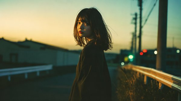 街中で振り返る若い女性のポートレート no.6