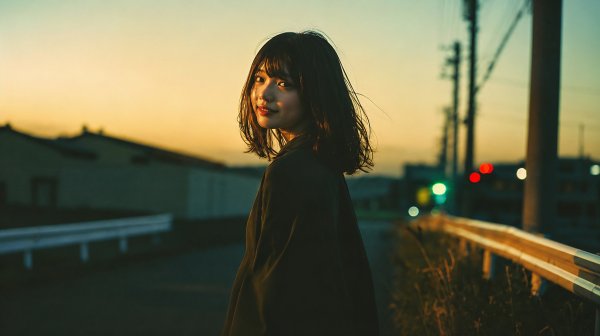 街中で振り返る若い女性のポートレート no.7
