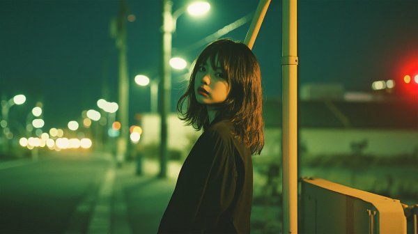 街中で振り返る若い女性のポートレート no.8
