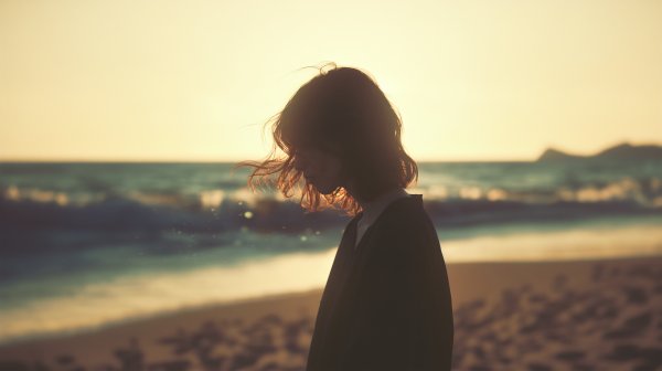 夕日の逆光の中海辺を歩く若い女性のエモーショナルな写真 no.1