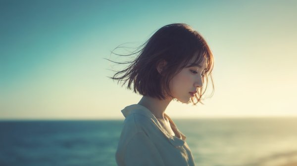 夕日の逆光の中海辺を歩く若い女性のエモーショナルな写真 no.2