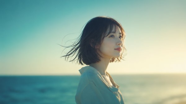 夕日の逆光の中海辺を歩く若い女性のエモーショナルな写真 no.3