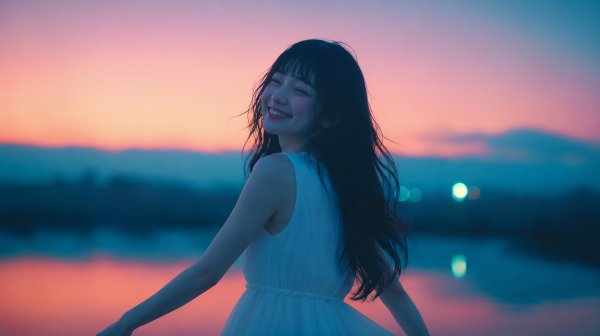夕暮れの湖の辺りに立つ若い女性のポートレート写真風 no.1