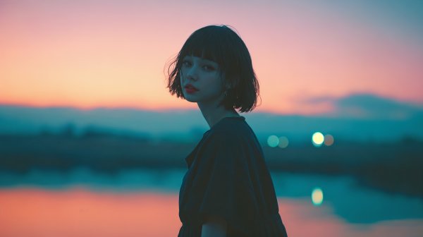 夕暮れの湖の辺りに立つ若い女性のポートレート写真風 no.2