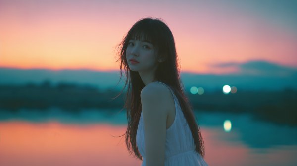 夕暮れの湖の辺りに立つ若い女性のポートレート写真風 no.3