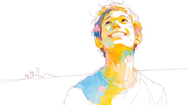 幸せそうに空を見上げる男性のシンプルな水彩イラスト no.1
