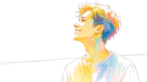 幸せそうに空を見上げる男性のシンプルな水彩イラスト no.3