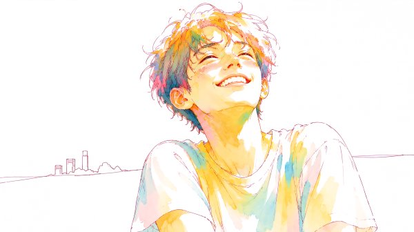 幸せそうに空を見上げる男性のシンプルな水彩イラスト no.4