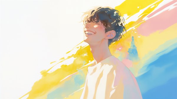 空を見上げて笑う若い男性の淡い水彩イラスト no.2