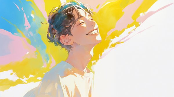 空を見上げて笑う若い男性の淡い水彩イラスト no.4