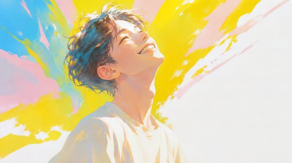 空を見上げて笑う若い男性の淡い水彩イラスト no.5