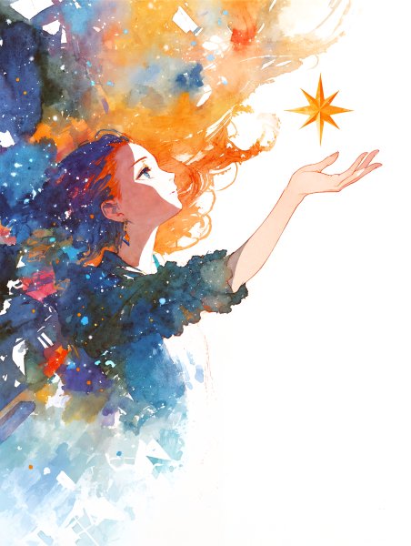 星に手を伸ばす女性の幻想的な水彩イラスト no.2