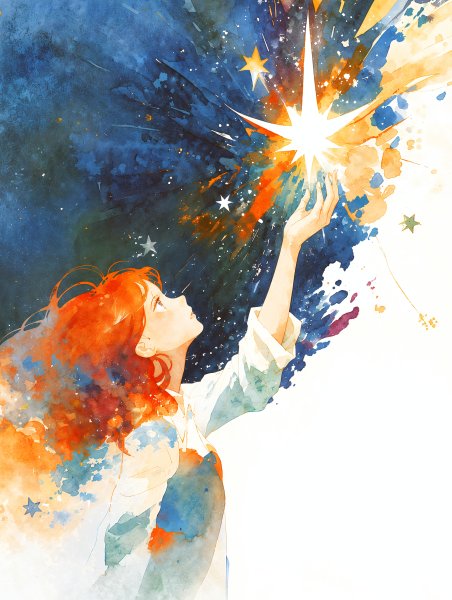星に手を伸ばす女性の幻想的な水彩イラスト no.3