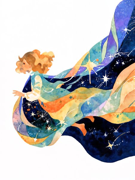 幻想的な星空と虹に包まれる女性の水彩イラスト no.1