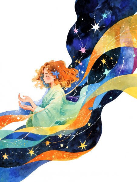 幻想的な星空と虹に包まれる女性の水彩イラスト no.2