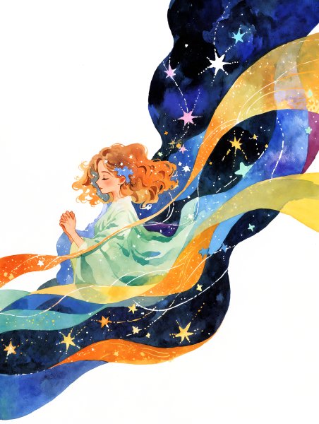 幻想的な星空と虹に包まれる女性の水彩イラスト no.3