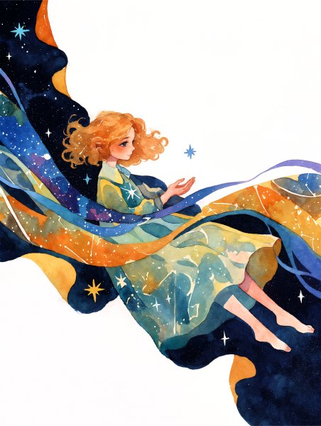 幻想的な星空と虹に包まれる女性の水彩イラスト no.4