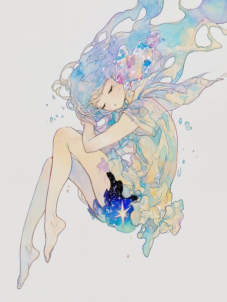 泡に包まれ眠る女の子の淡い水彩イラスト