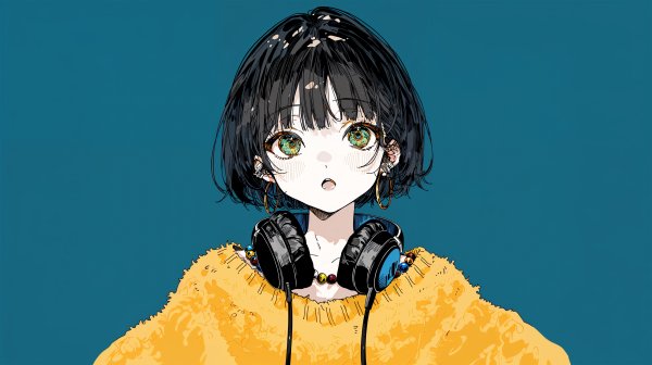 ヘッドホンを首にかけた可愛い女の子のイラスト no.1
