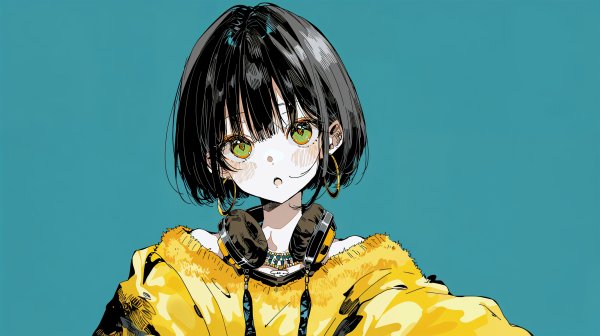 ヘッドホンを首にかけた可愛い女の子のイラスト no.2