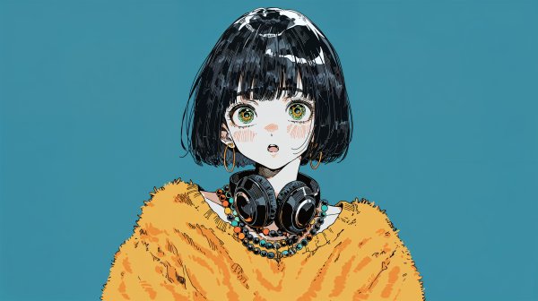 ヘッドホンを首にかけた可愛い女の子のイラスト no.3
