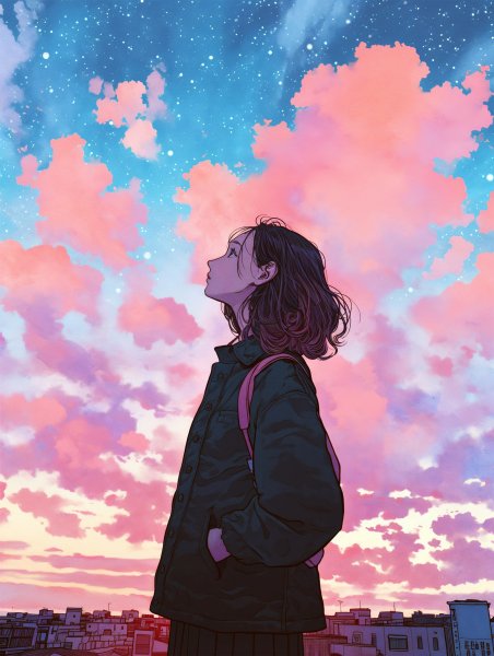夕焼けに染まる街で空を見上げる女性のイラスト no.1