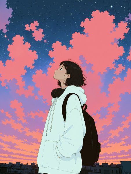 夕焼けに染まる街で空を見上げる女性のイラスト no.2