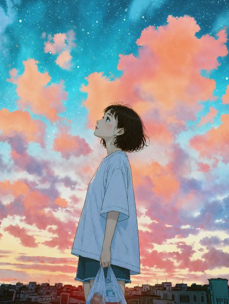 夕焼けに染まる街で空を見上げる女性のイラスト no.3