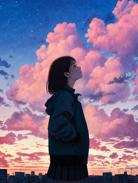 夕焼けに染まる街で空を見上げる女性のイラスト no.4