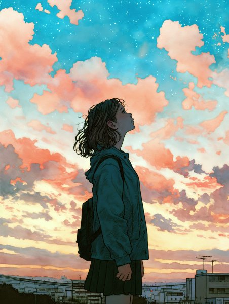 夕焼けに染まる街で空を見上げる女性のイラスト no.5