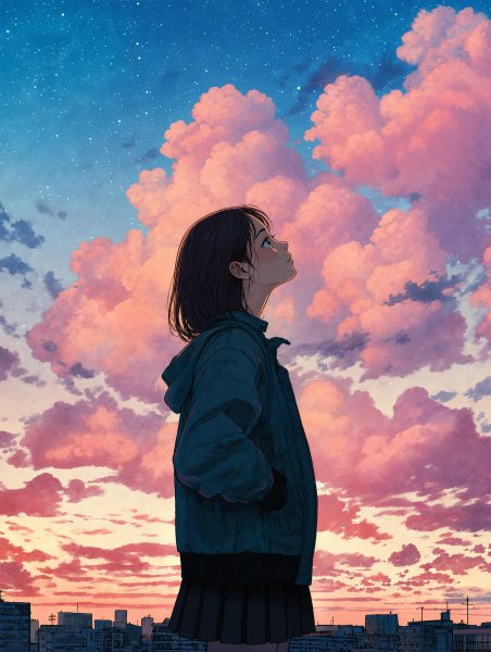 夕焼けに染まる街で空を見上げる女性のイラスト no.6
