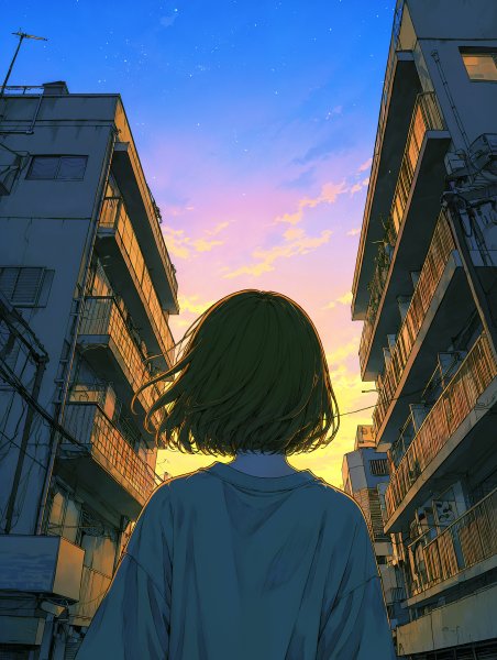 建物の隙間から見える夕陽と星空を見上げる女性の後ろ姿 no.1