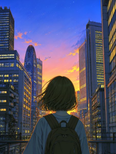 建物の隙間から見える夕陽と星空を見上げる女性の後ろ姿 no.2